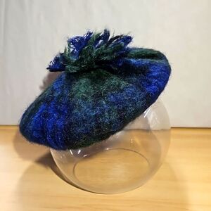 Glen Cree Vintage 1960's Scotland Mohair Green & Blue Tartan Plaid Beret